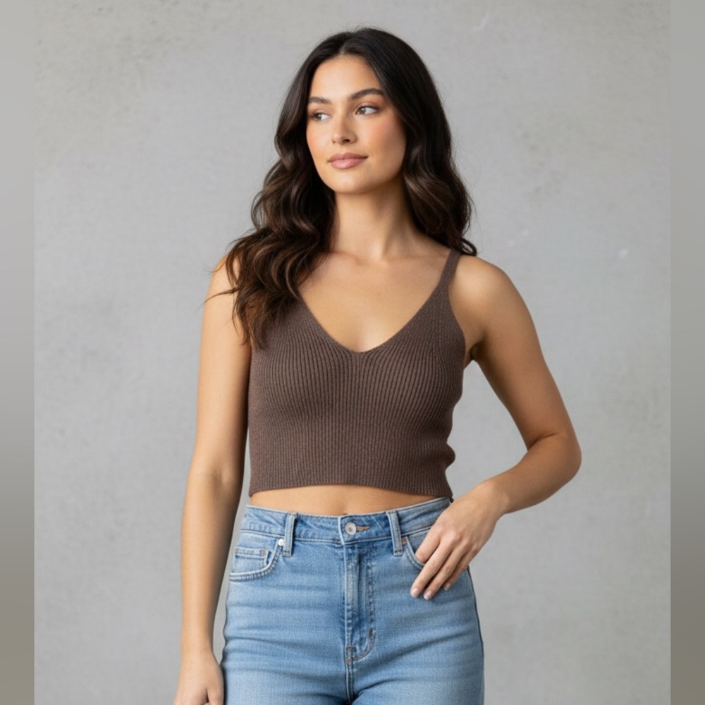 Oak + Fort Crop Sweater Womens One Size Brown Knit Tank Top Camisole Ribbed